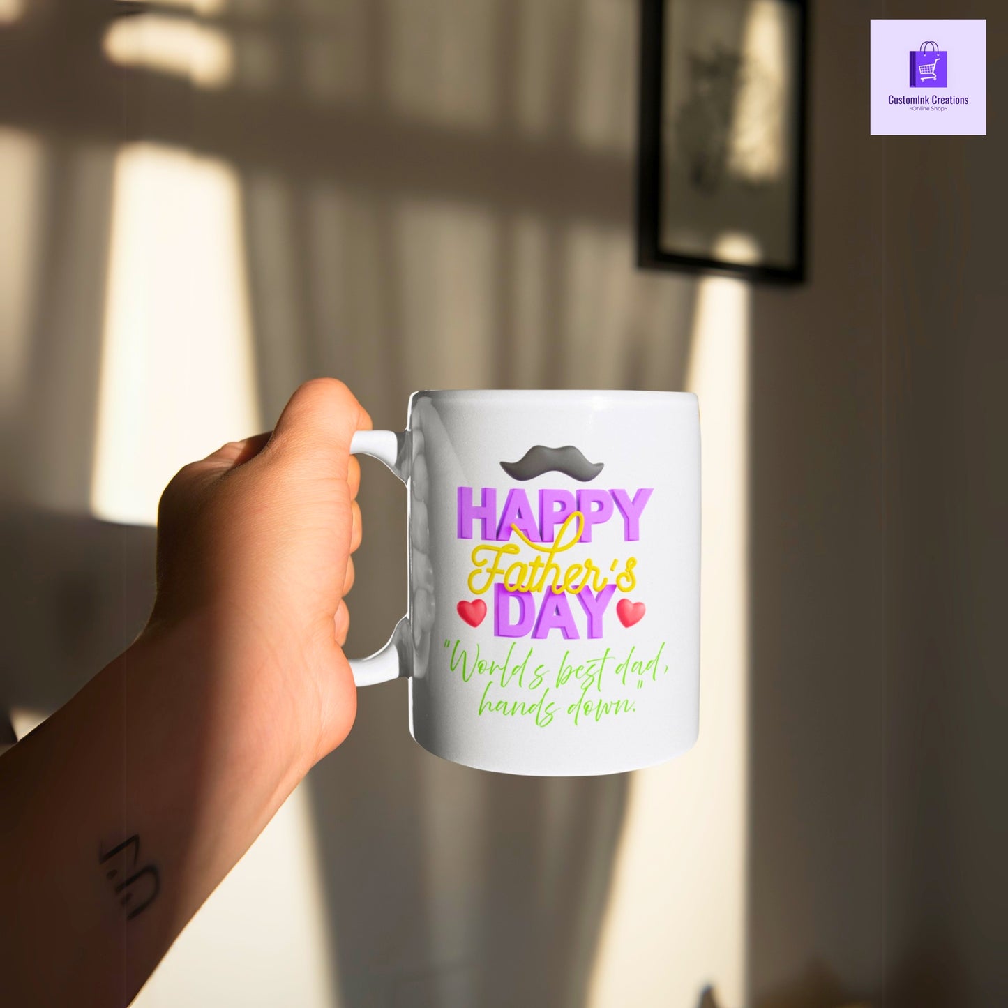 CustomInk Creations Coffee Mug – "World’s Best Dad, Hands Down" Father’s Day Gift Cup