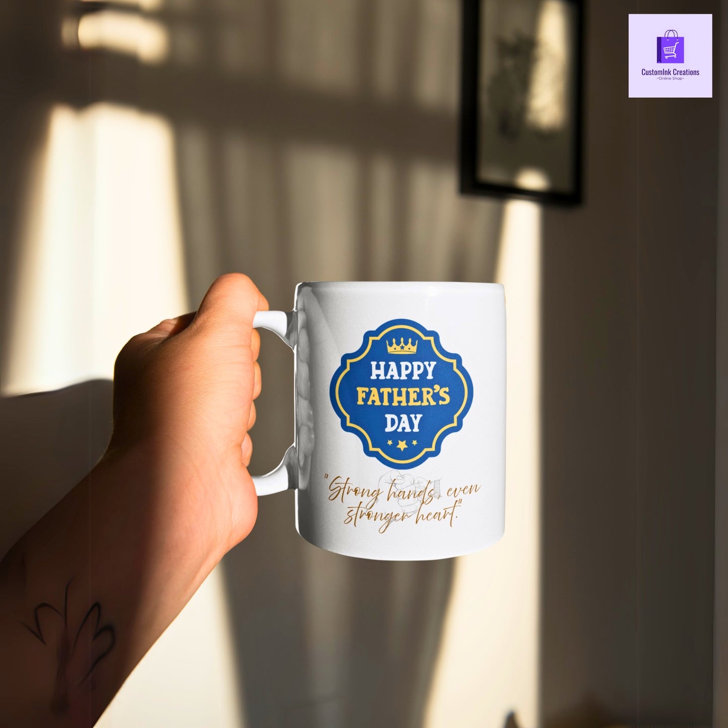 CustomInk Creations Coffee Mug – "Strong Hands, Even Stronger Heart" Father’s Day Gift Cup